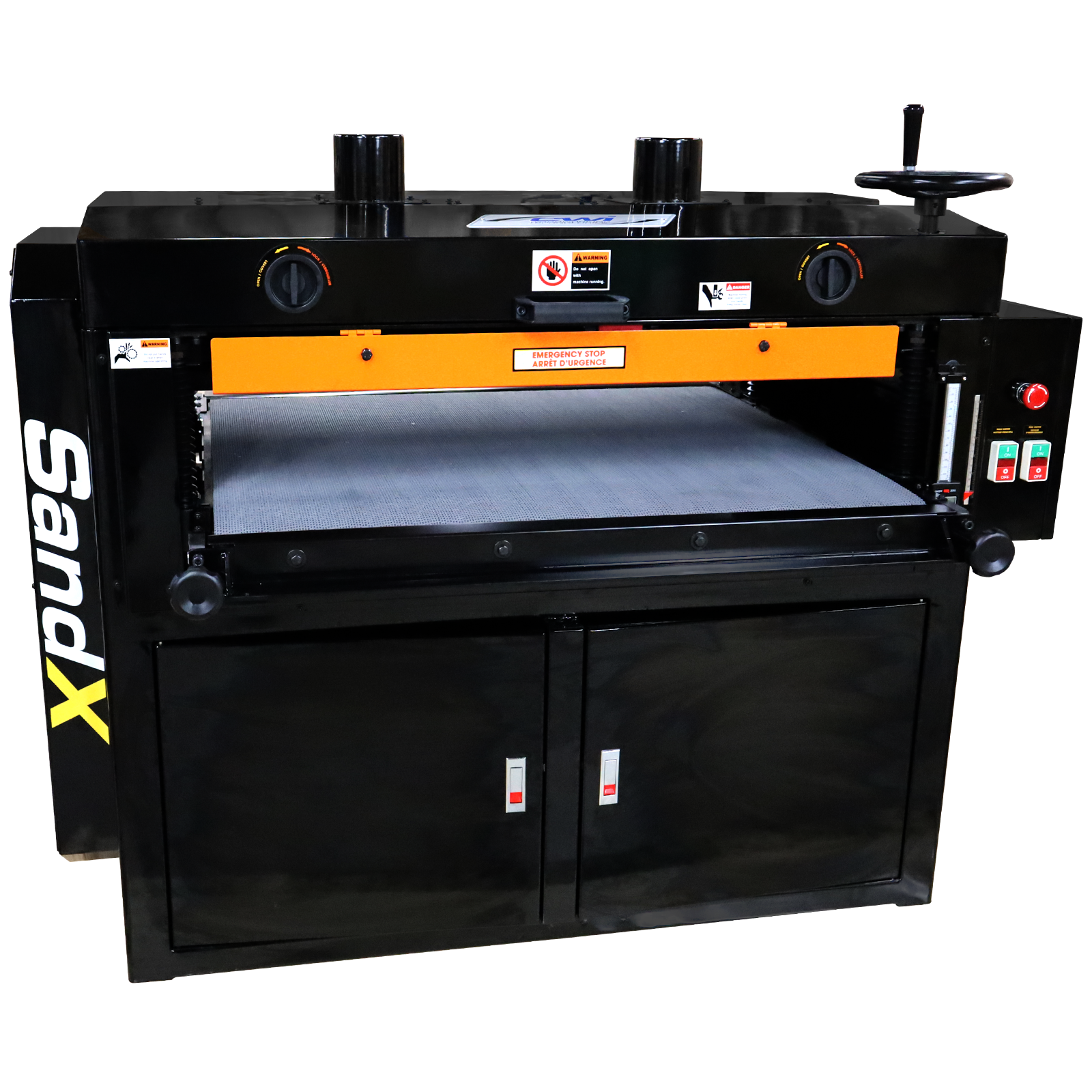 CWI-S3707 The frame of the machine is a very solid one-piece welded steel structure with a hinged upper cover with hydraulic support arms for access to the drums for sandpaper replacement. The conveyer feed table is adjusted up and down by a large hand wheel connected to an oversized rack and pinion ball screw system at each side of the table. The very efficient dust collection hood has two 4” dust inlets which should have at least a 1400 CFM capacity collector attached to it.